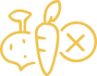 Icône jaune en filaire de légumes racines (betterave et carotte) avec un X barré, signifiant interdiction ou exclusion de ces produits.