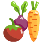 Illustration vectorielle d'un assortiment de légumes : une tomate rouge, un oignon violet, et une grande carotte orange sur fond noir.