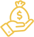 Main tenant un sac d'argent stylisé avec un symbole dollar ($) en contour doré sur fond noir, symbolisant gain ou revenu.
